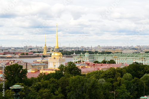 Saint Petersburg, Russia, August 2019. Panoramic aerial view of the city from the dome of Saint Isaac Cathedral. In this image is visible the Ermitage Museum and the Admiralteystvo building © eugpng