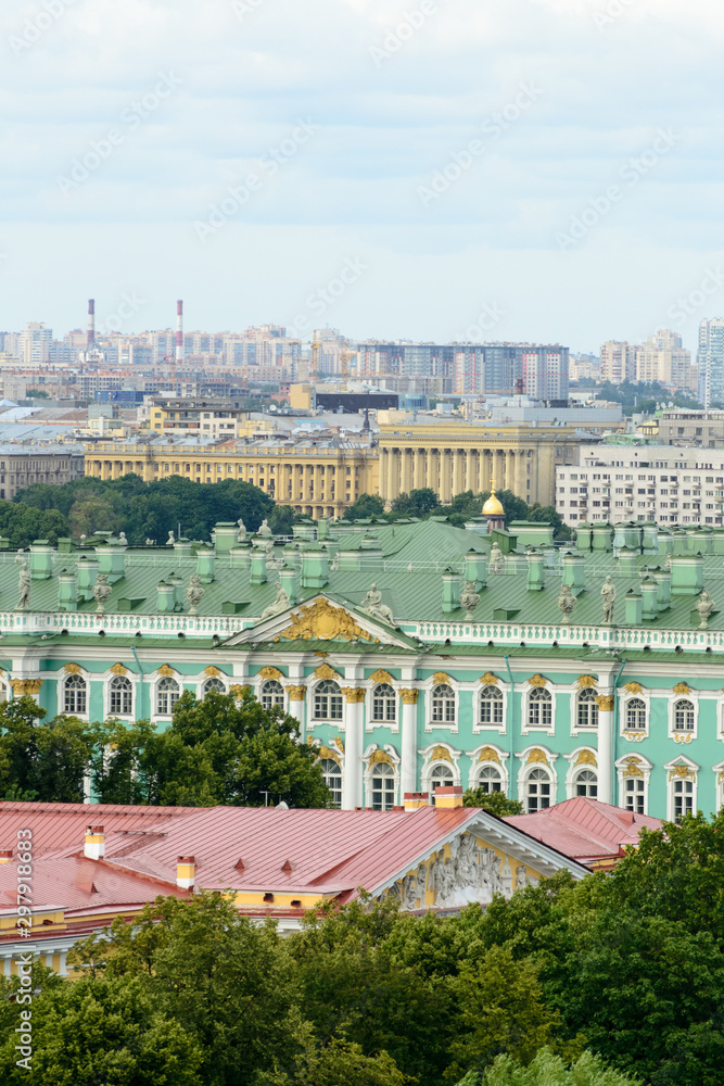 Saint Petersburg, Russia, August 2019. Panoramic aerial view of the city from the dome of Saint Isaac Cathedral. In this image is visible the Ermitage Museum