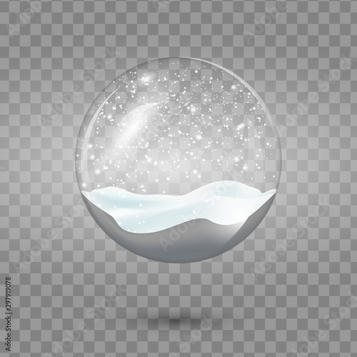 Christmas vector snowglobe isolated on transparent background. Realistic traditional winter holiday decoration crystal with falling snow, snowflakes inside. Xmas magical toy, empty sphere. photo