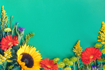 different colorful summer flowers lying on mint background