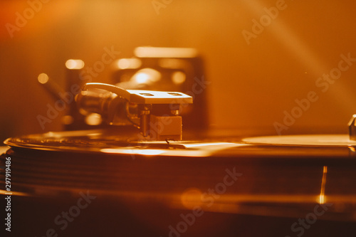 Close up of turntable needle on a vinyl record. Turntable playing vinyl.