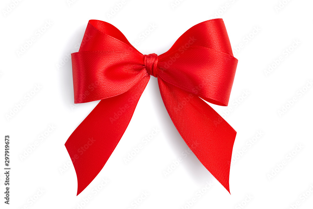 Beautiful Red Ribbon Tied Bow Isolated White Top View Stock Photo