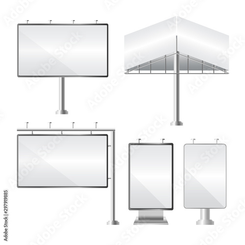 Blank billboard. Mockup and template for your advertisement and design. Realistic set of different perspectives advertising construction. Outdoor big board. Vector illustration.