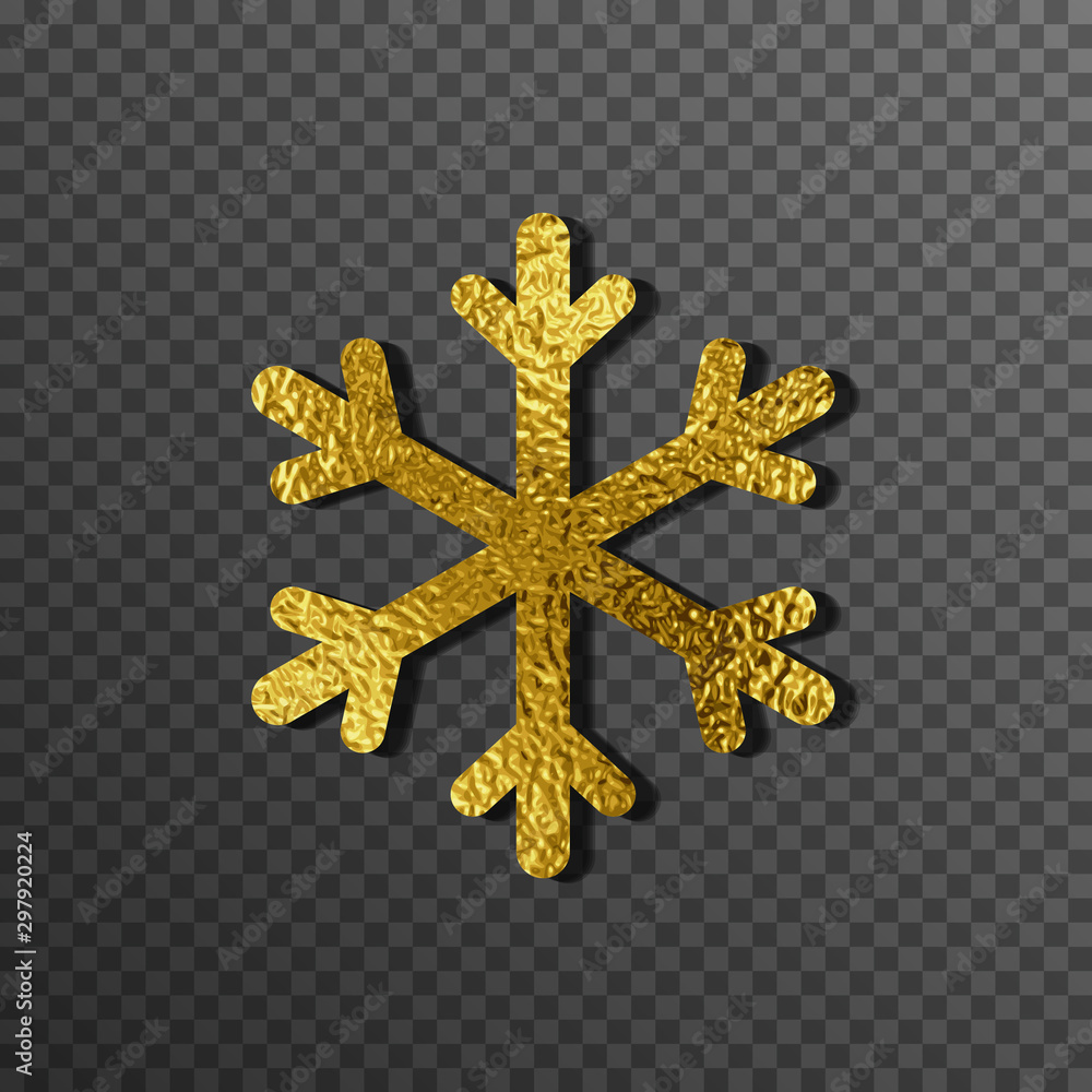 Gold foil snowflake. Golden glossy texture decor isolated on transparent background. Vector shiny metal snow flake.