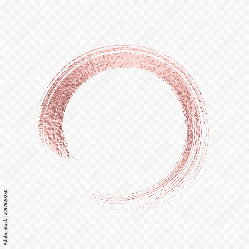Gold rose metal brush stroke. Pink circle frame isolated on transparent background. Vector golden glitter mascara brushstroke. - obrazy, fototapety, plakaty 