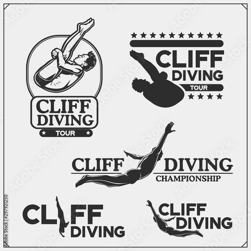 Cliff diving sport emblems, labels and design elements. Diving sport club logos and templates. Divers silhouettes.