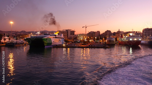 Busy port of Piraeus at dawn with beautiful sky colours  Attica  Greece