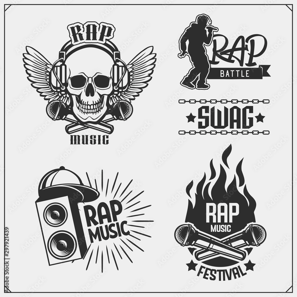 Hip-hop and rap emblems, attributes and accessories. Poster templates and design elements. Hip-hop and rap emblems, attributes and accessories. Poster templates and design elements.