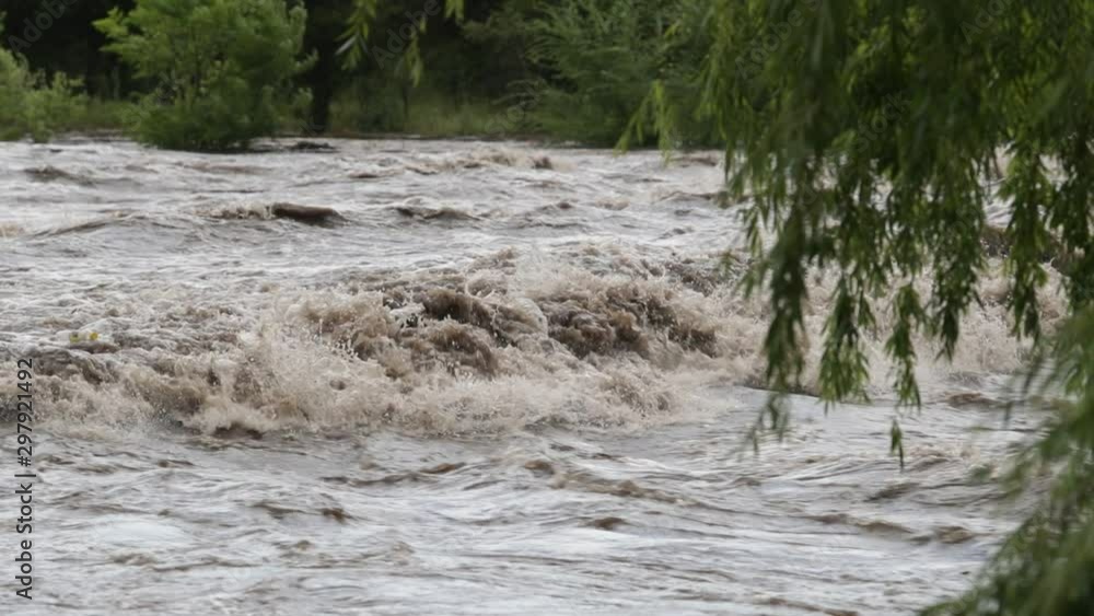 Strong brown turbulent river, with waves and foam. Trush and brunches floating throught current. Flood in Mina Clavero. At first plane tree brunches, woods at background. Cordoba, Argentina Strong brown turbulent river, with waves and foam. Trush and brunches floating throught current. Flood in Mina Clavero. At first plane tree brunches, woods at background. Cordoba, Argentina