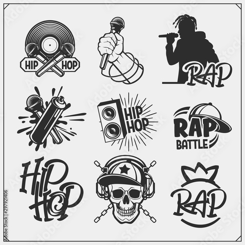 Hip-hop and rap emblems, attributes and accessories. Poster templates and design elements.