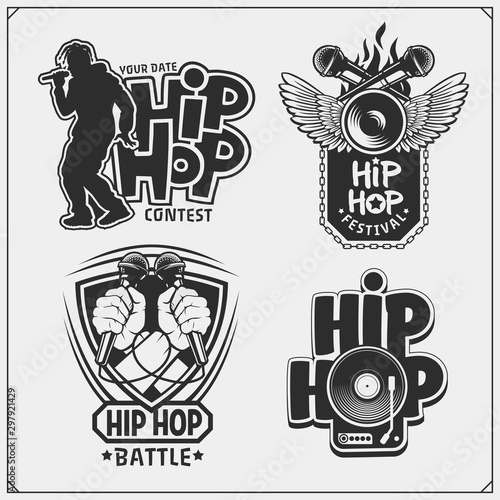 Hip-hop and rap emblems, attributes and accessories. Poster templates and design elements.