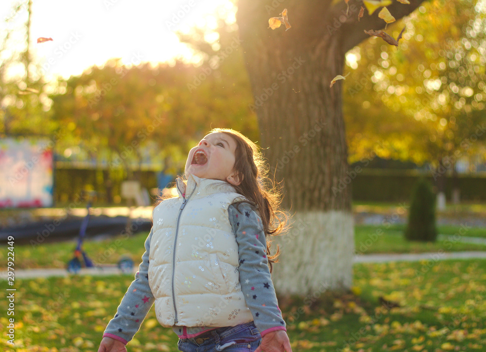A merry child scatters an armful of yellow fallen leaves. Sunny sunset in autumn park outdoors A merry child scatters an armful of yellow fallen leaves. Sunny sunset in autumn park outdoors