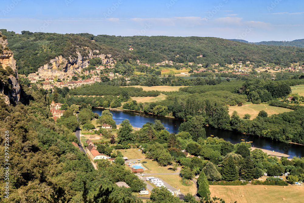 Panoramic view of La Roque-Gageac and surroundings from Marqueyssac gardens. Dordogne, France.