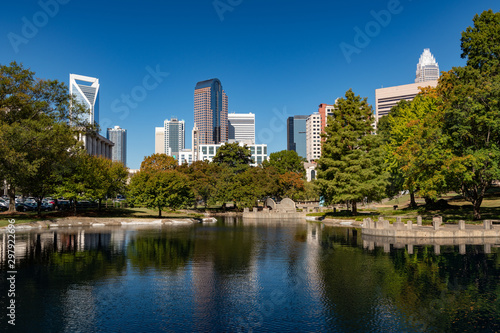Charlotte, North Carolina city skyline in early autumn with blue skies