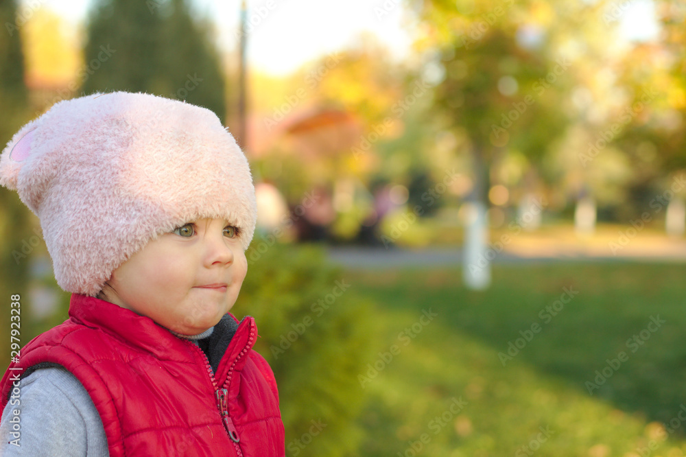 A small child in a fluffy pink hat and red vest is standing near a pine in the autumn park. Beautiful fall sunny day outdoors. A small child in a fluffy pink hat and red vest is standing near a pine in the autumn park. Beautiful fall sunny day outdoors.
