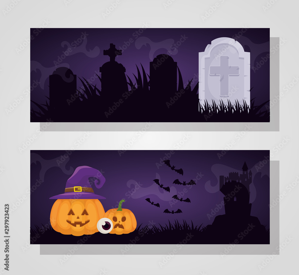 halloween dark scene with pumpkin and witch hat