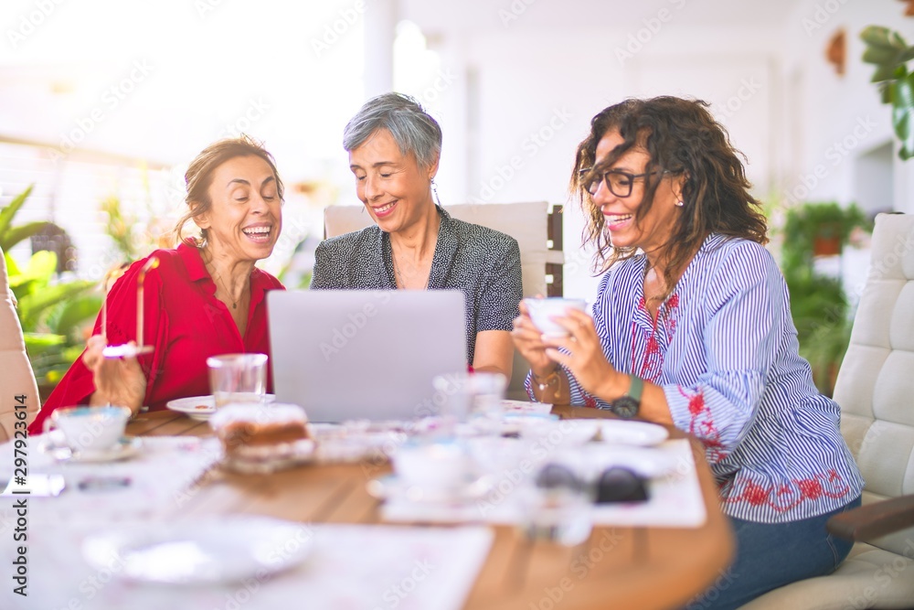 Meeting of middle age women having lunch and drinking coffee. Mature friends smiling happy using laptop at home on a sunny day Meeting of middle age women having lunch and drinking coffee. Mature friends smiling happy using laptop at home on a sunny day