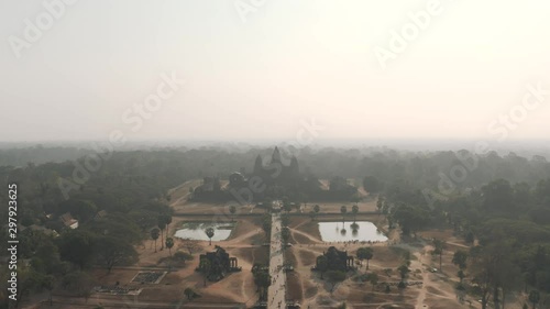 Drone Timelapse Angkor Wat Temple in Cambodia sunrise fog drone flight photo