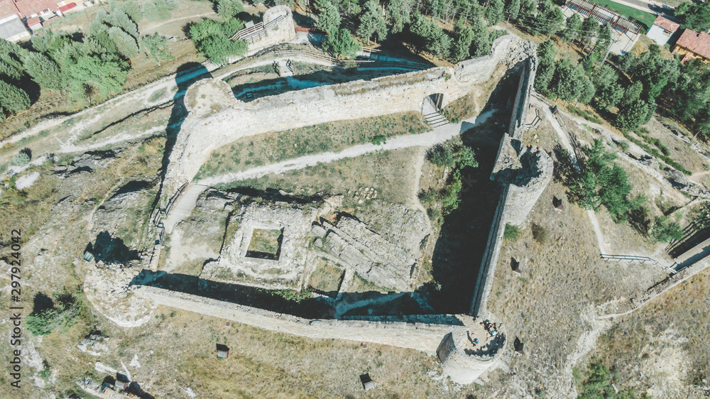 Fototapeta premium Aerial view of castle to Aguilar de Campoo, Palencia, Spain