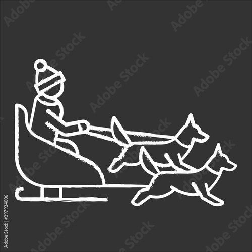 Dog sledding chalk icon. Winter extreme sport, risky activity and adventure. Sleigh riding. Cold season outdoor leisure. Group of husky and musher. Isolated vector chalkboard illustration