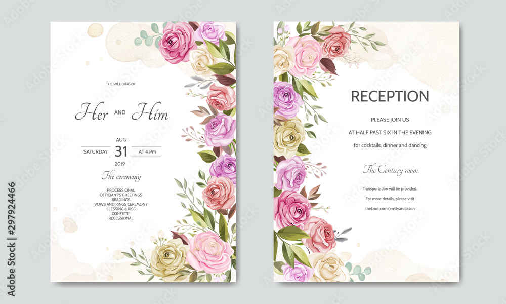 wedding invitation card template set with beautiful floral leaves