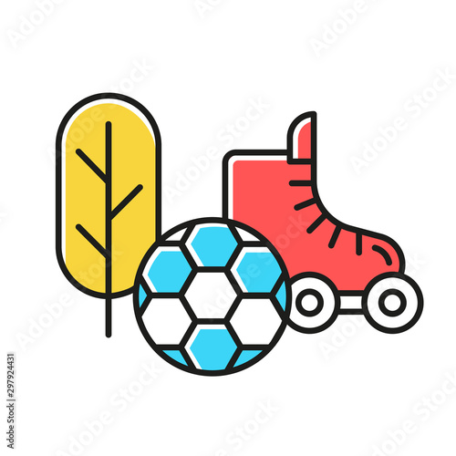 Sports and outdoors color icon. Hobbies and games supplies. Different sport activities. E commerce department, online shopping categories. Active leisure concept. Isolated vector illustration