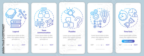 Escape room blue gradient onboarding mobile app page screen with linear concepts. Quest game. Teamwork, logic. Walkthrough steps graphic instructions. UX, UI, GUI vector template with illustrations