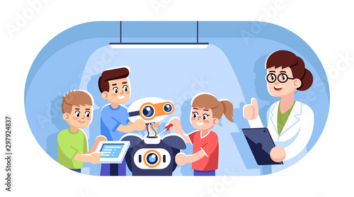 Robotics courses for children flat vector illustration. Engineering, computer science for kids. After school club. Boys and girl assembling, programming robot, teacher approving cartoon characters
