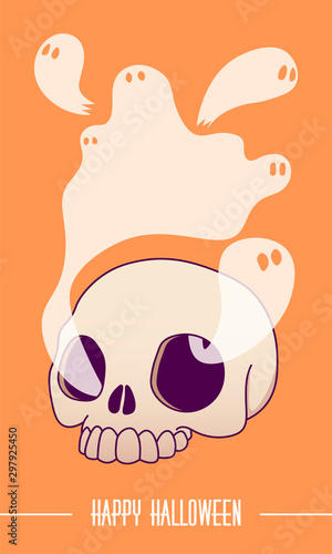 Vector image, postcard. Themed images for the holiday Halloween, All Saints Day. A dead head, skeleton, skull, ghosts with smoke or steam fly out of the eye sockets. The inscription "Happy Halloween."