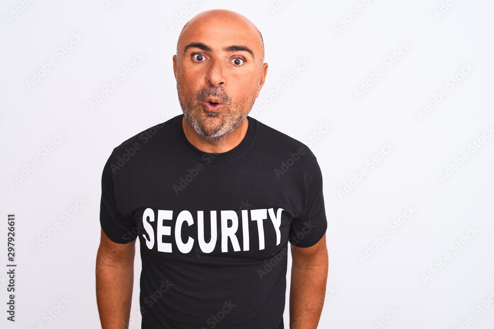 Middle age safeguard man wearing security uniform standing over isolated white background afraid and shocked with surprise expression, fear and excited face. Middle age safeguard man wearing security uniform standing over isolated white background afraid and shocked with surprise expression, fear and excited face.