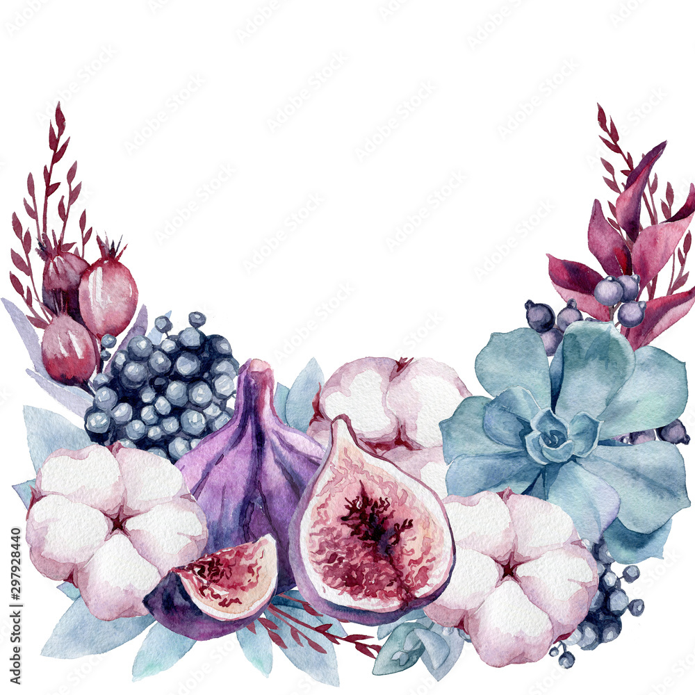 Obraz Hand-drawn watercolor wreath with figs, cotton and succulents. Autumnal composition of delicate violet color. Winter wreath with roses and berries in vintage style on a white background.
