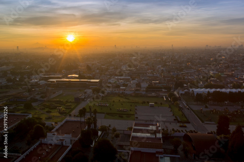 sunrise, panoramic view of the city of San andres Cholula Puebla, mexico
