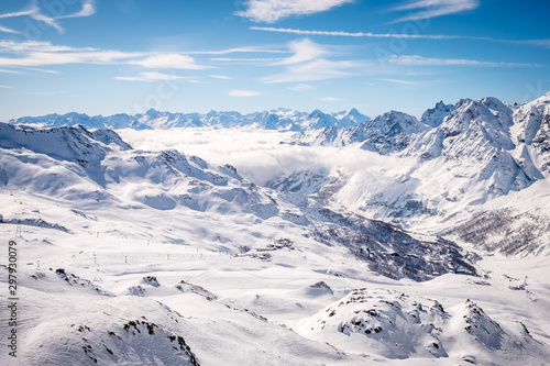 Panoramic view at the ski slopes and Cervinia, Italy, Valle d'Aosta, Breuil-Cervinia, Aosta Valley, Cervinia © Alexey Oblov