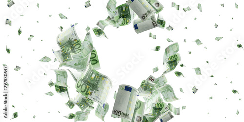 Euro coin falling banknotes. European money on white isolation background.