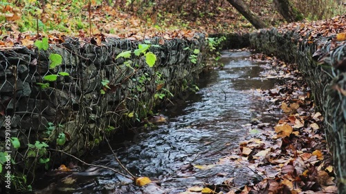 Autumn small brook flowing in canal in park