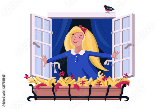 Happy kid opens the window. Smiling girl looks out from a small balcony with autumn flowers. Woman inhales fresh morning air from the street. Vector illustration in flat style on white background.