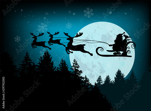 Blue background with snowflakes and the moon. Santa Claus is flying in a sleigh across the sky on deer. Vector illustration