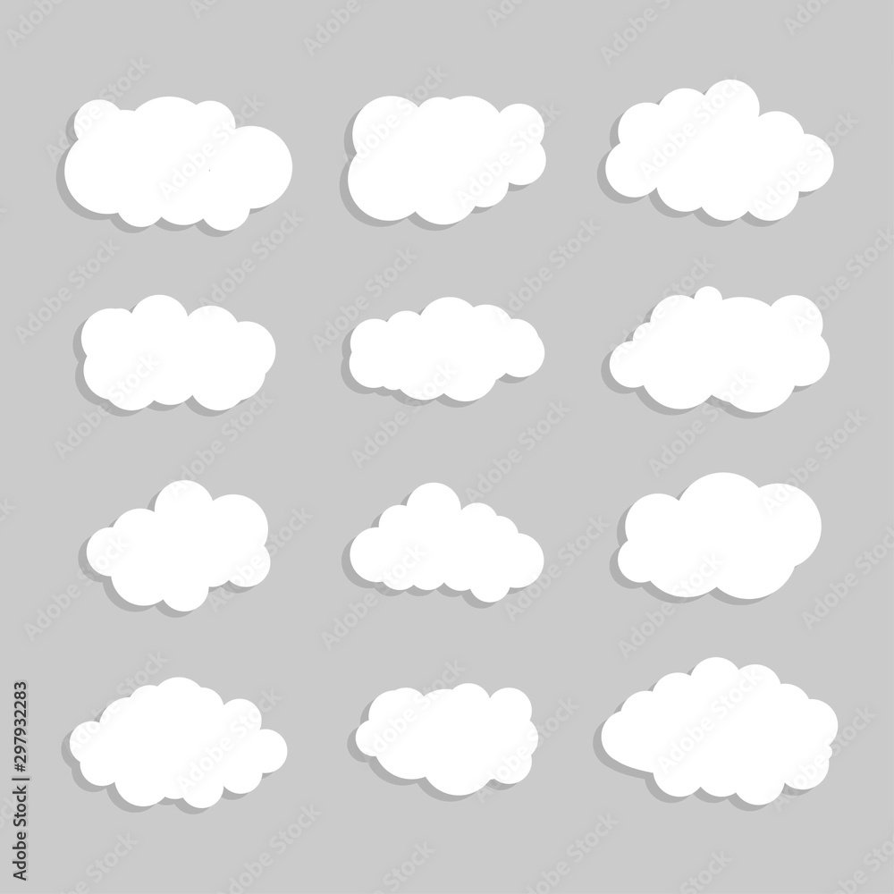 Cloud vector icon set. White clouds with shadow on gray background