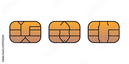 EMV gold chip icon for bank plastic credit or debit charge card. Vector symbol illustration set