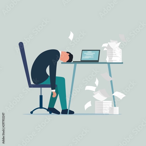 Professional burnout syndrome. Exhausted sick tired male manager in office sad boring sitting with head down on laptop. Frustrated worker mental health problems. Vector long work day illustration