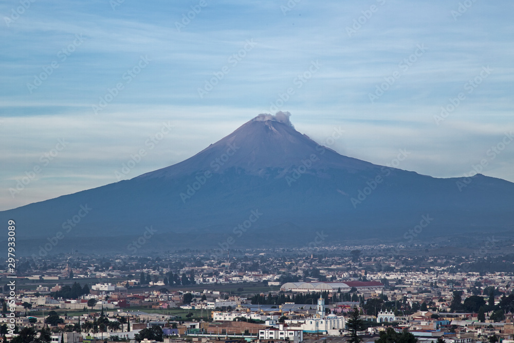 Panoramic view of the city, Popocatepetl volcano, Cholula, Puebla, Mexico Panoramic view of the city, Popocatepetl volcano, Cholula, Puebla, Mexico