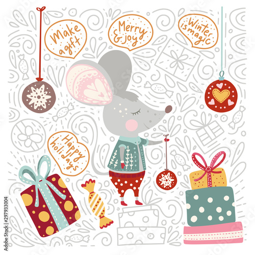 Chirstmas funny cartoon hand drawn mouse card in a flat and doodle style and quotes. Winter vector poster with cute New Year mice.