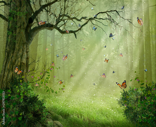 Magic forest. Photomanipulation. 3D rendering.