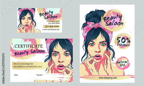 A large set of hand-drawn patterns for design cards, flyers, poster, brochure and flyers. Fashion illustration with woman suitable for magazine, spa, beauty salon, hairdresser. Vector graphic.