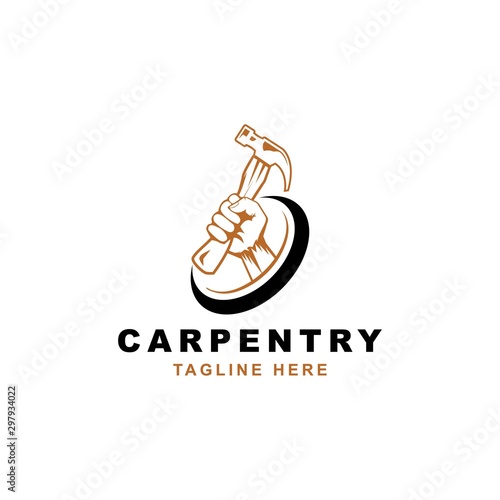 Carpentry symbol logo design vector template.Hand with hammer icon