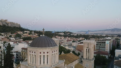 4k Greece Flag Drone Orbit Acropolis Parthenon Metropolitan Cathedral Church photo