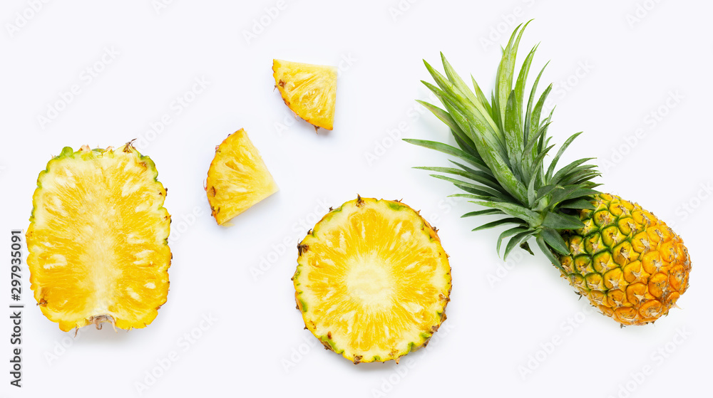 Fresh whole and cut pineapple isolated on white - obrazy, fototapety, plakaty 