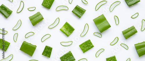 Aloe Vera leaves cut pieces with slices on white photo