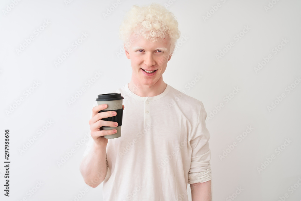 Young albino blond man drinking coffee standing over isolated white background with a happy face standing and smiling with a confident smile showing teeth Young albino blond man drinking coffee standing over isolated white background with a happy face standing and smiling with a confident smile showing teeth