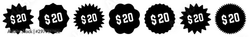 20 Price Tag Black | 20 Dollar | Special Offer Icon | Sale Sticker | Deal Label | Variations